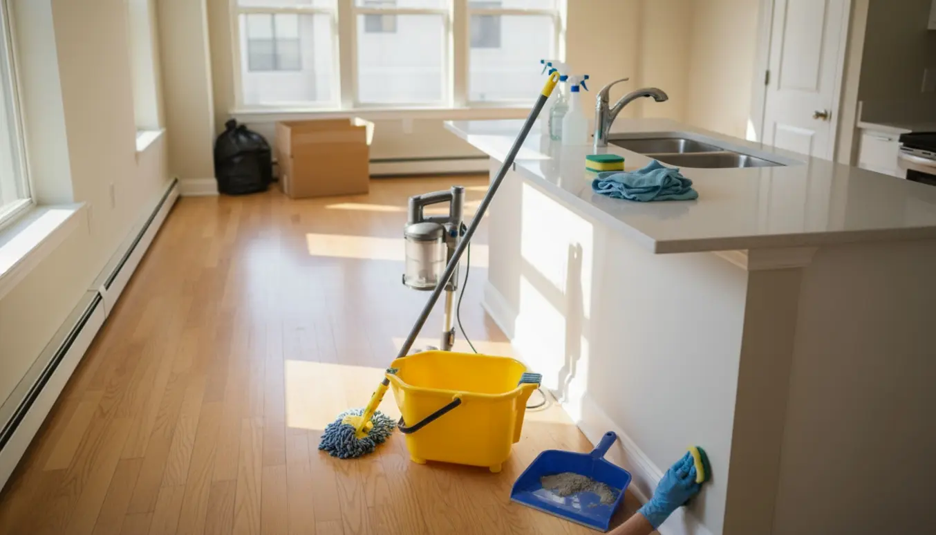 Tom lejlighed under grundig rengøring med moppe, spand, støvsuger og gummihandsker i sollys.