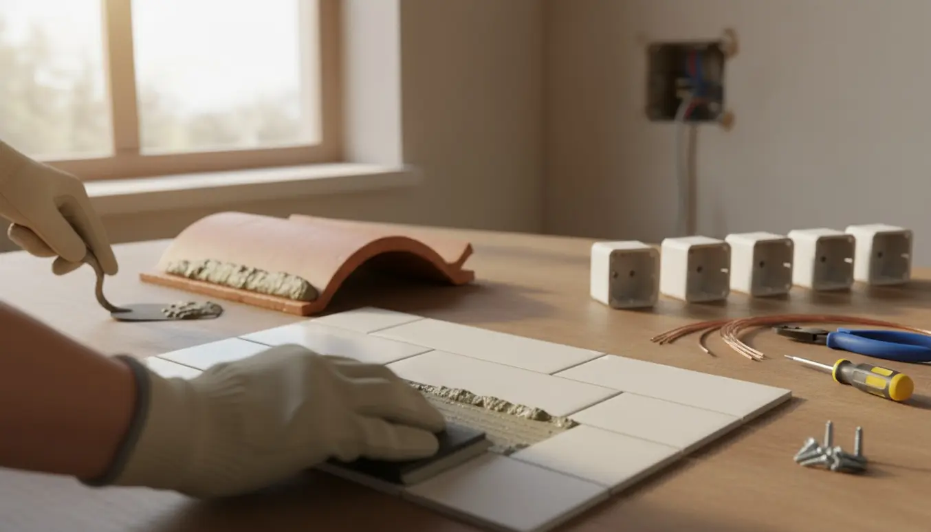 Hænder fugebader fliser foran en fuge, med en tagsten og mørtel samt fem stikkontakter og værktøj på et lyst arbejdsbord.