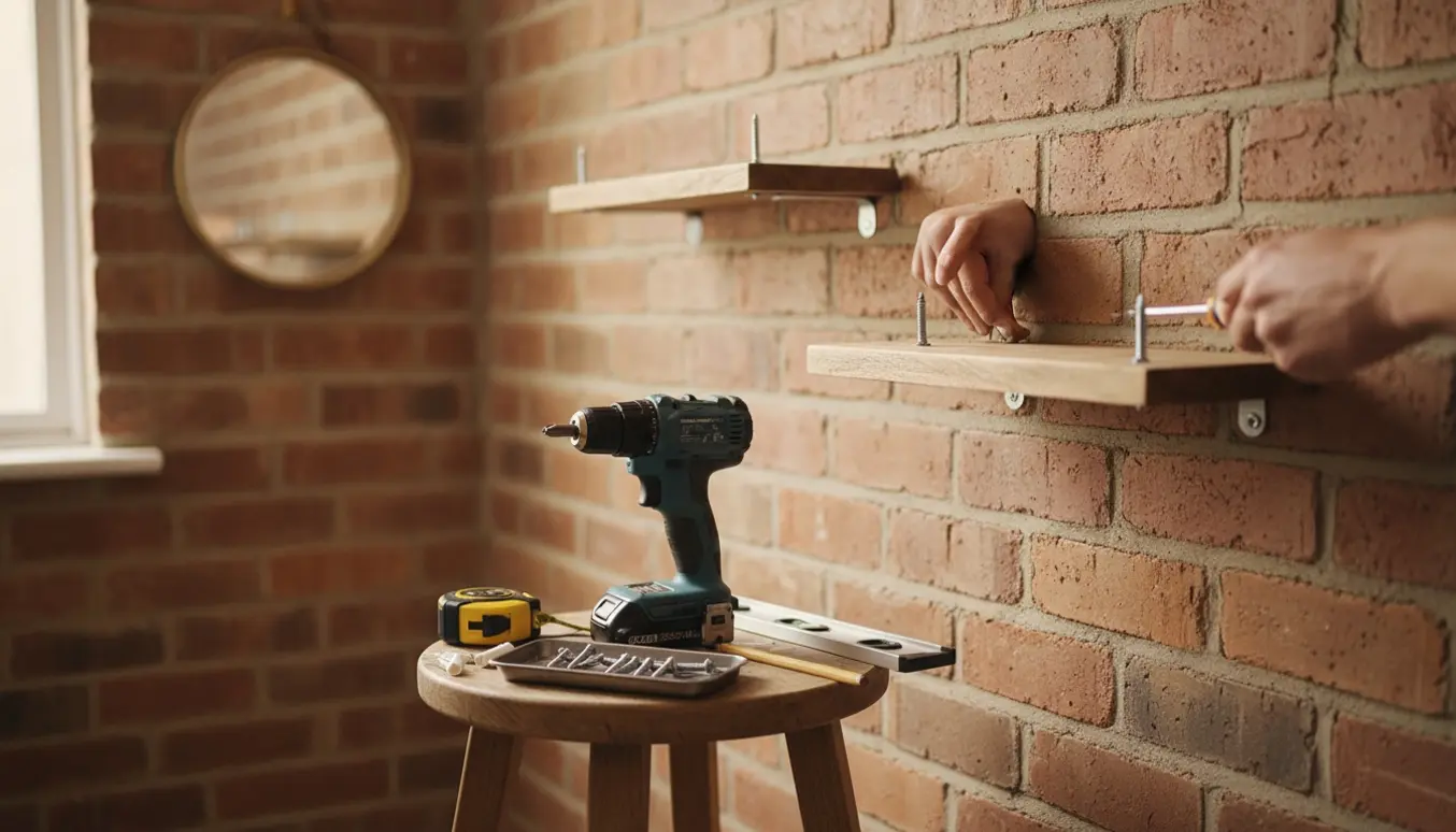 Opsætning af to små hylder og et spejl på murstensvæg i en entre med værktøj og otte skruer.