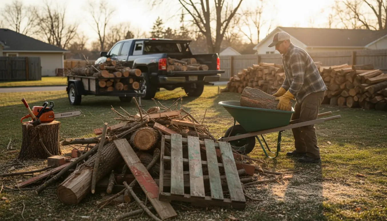 Blandet træ læsses i trillebør ved motorsav og stablet brænde i baggrunden.