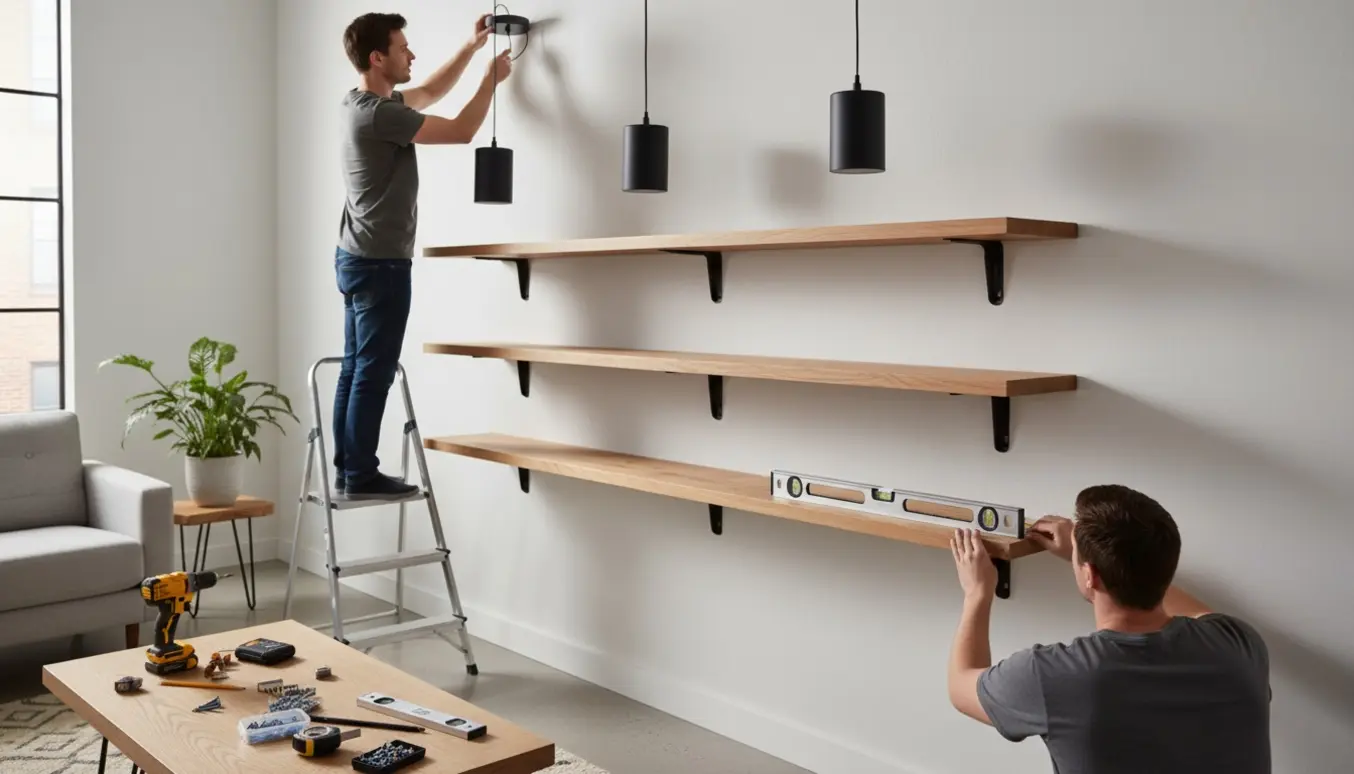 Hænder monterer tre pendellamper og tre træhylder på en lys stuevæg.