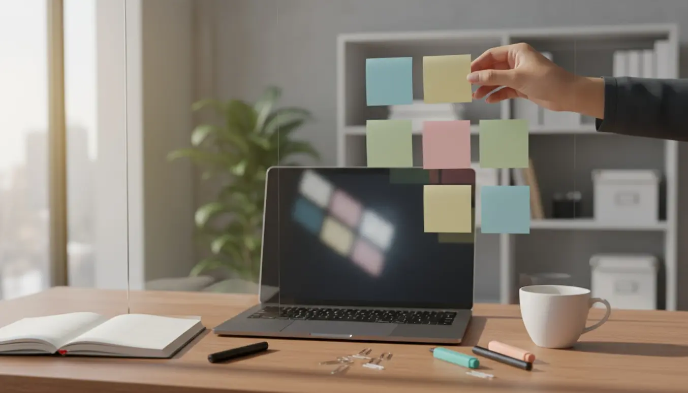 Hænder sætter farvede blanke post-it-noter op på en glas opslagstavle i et lyst hjemmekontor.