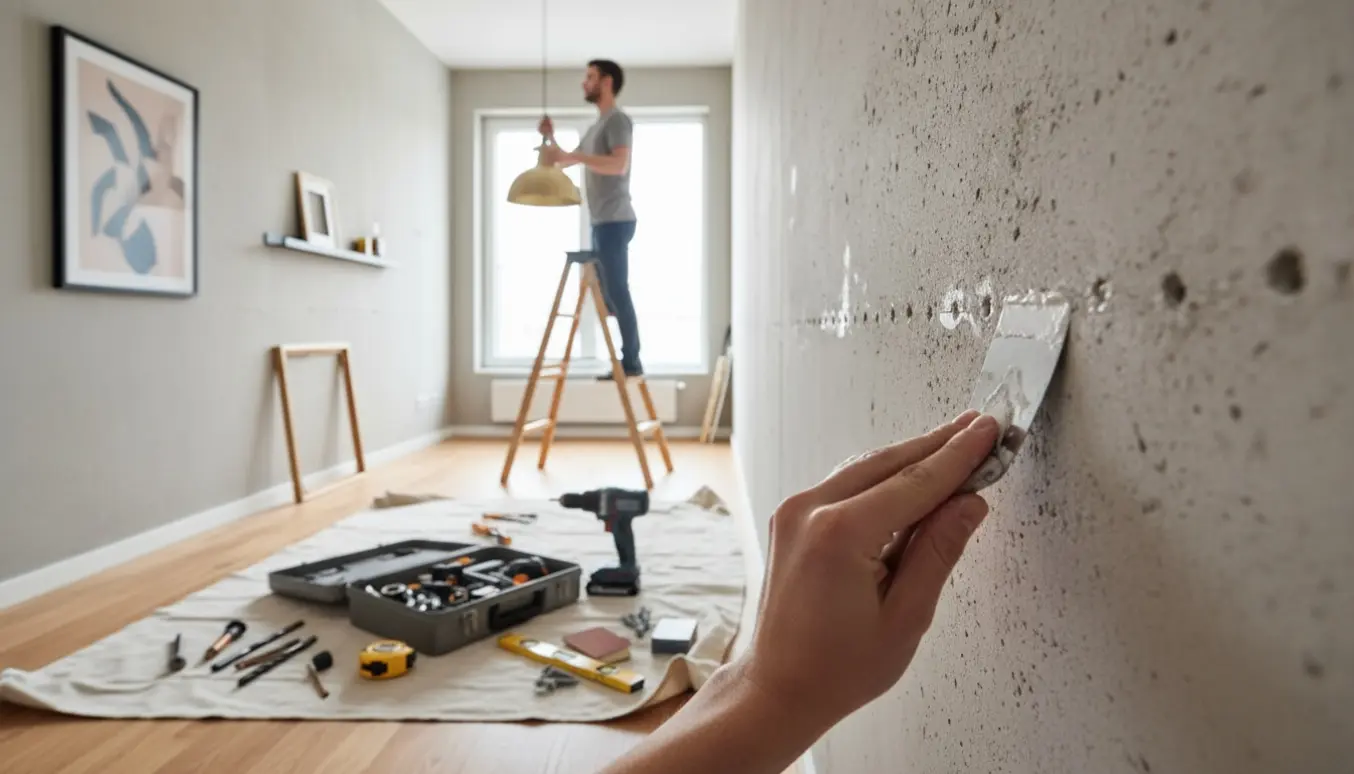 Nærbillede af hænder, der lapper huller i en betonvæg og opsætter en lampe i en lille lejlighed.