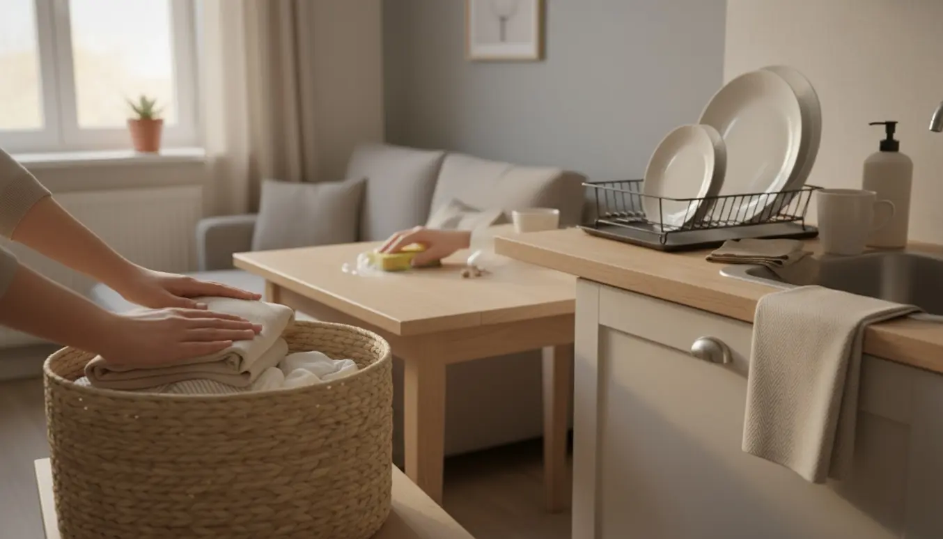 Hænder folder tøj og tørrer køkkenbordet i en lille, ryddet lejlighed i blødt naturligt lys.