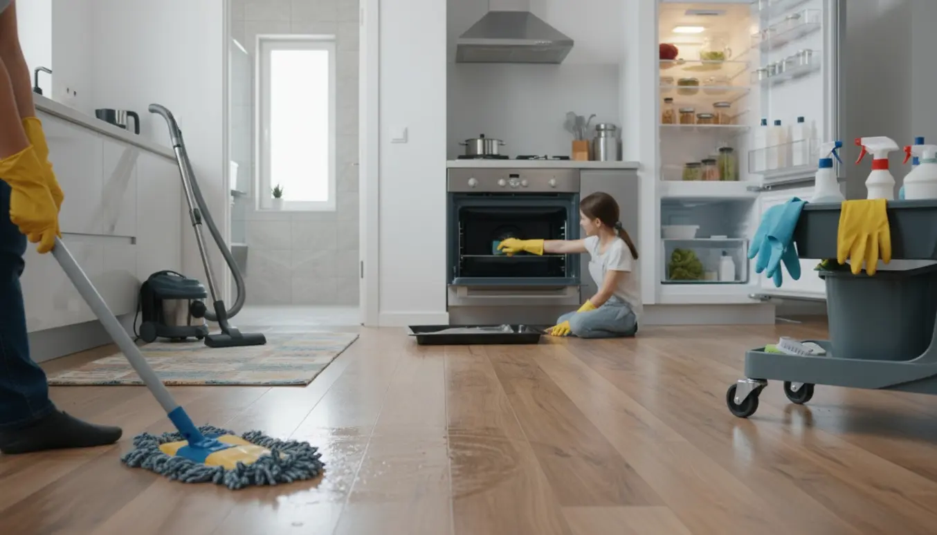 Solbelyst lejlighed under rengøring med moppe, støvsuger, rengøringskasse og åben ovn.