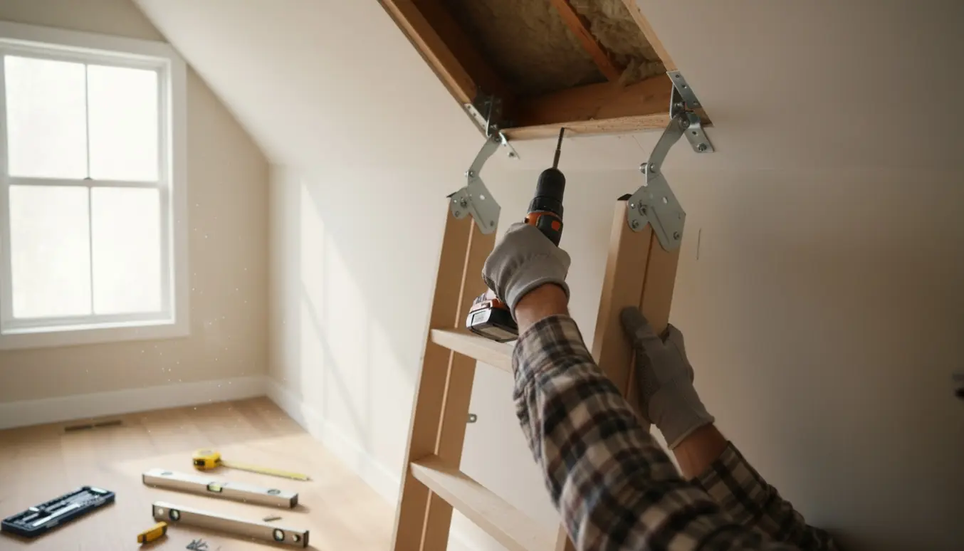 Hænder fastgør en trappestige til loftet med en boremaskine og metalbeslag, ansigt ikke synligt.