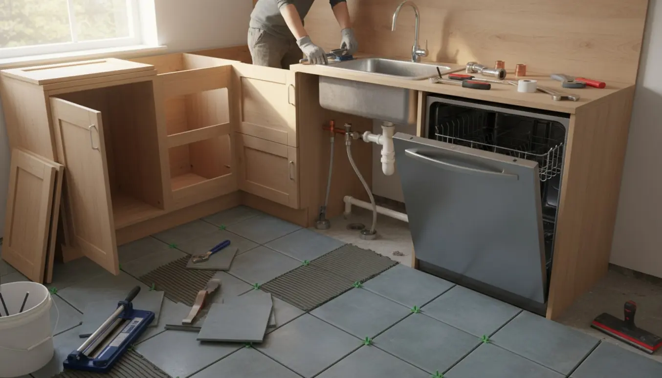 Lille køkken under renovering med ny flisegulv, delvist monteret opvaskemaskine og synlige rørforbindelser.