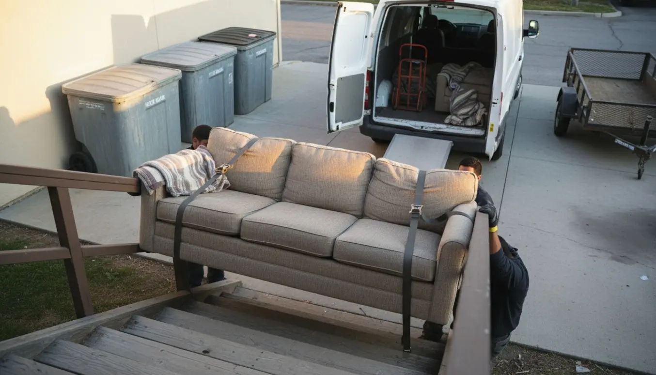 En sofa bæres ned fra første sal mod en varevogn ved en genbrugsplads, dækket af flyttetæpper og surringsbånd.
