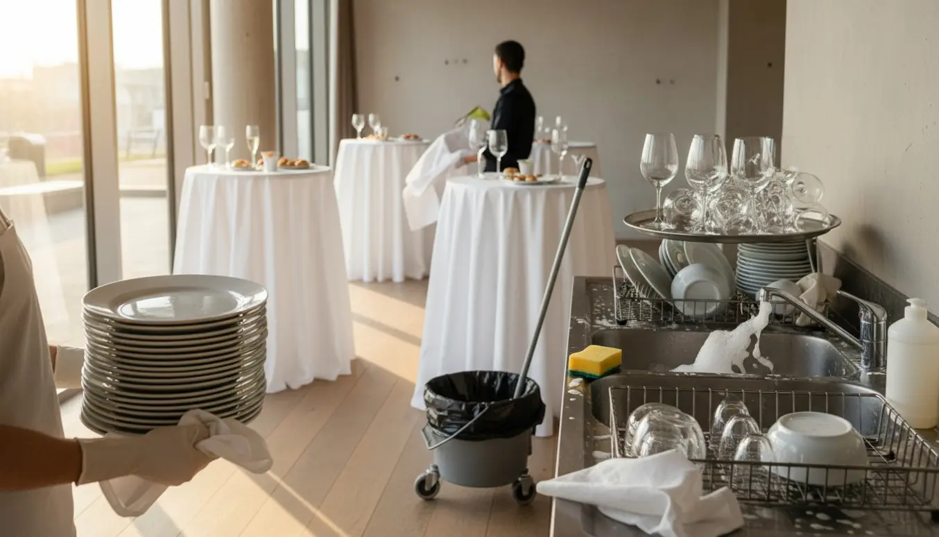 Hænder fjerner brugte tallerkener og vasker op efter en lille reception med cocktailborde og serveringsfade.
