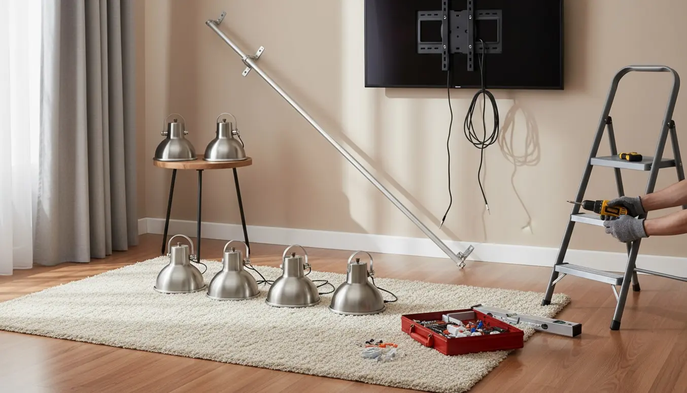 Stue med fem nedtagne loftslamper, en løs gardinstang, et delvist fjernet tv‑ophæng og værktøj ved en stige.