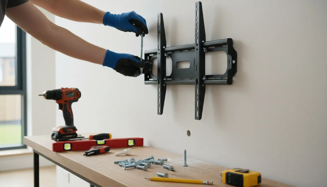 Hænger en 55" fladskærm op på en gipsvæg med originalt vægbeslag og forskellige rawlplugs og værktøj klar.