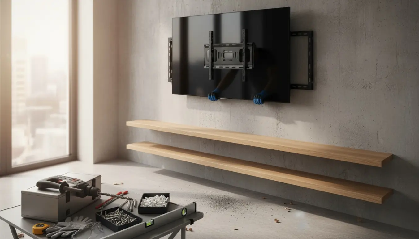 Fladskærm og to træhylder ved en betonvæg med boremaskine, rawlplugs og værktøj klar til montering.