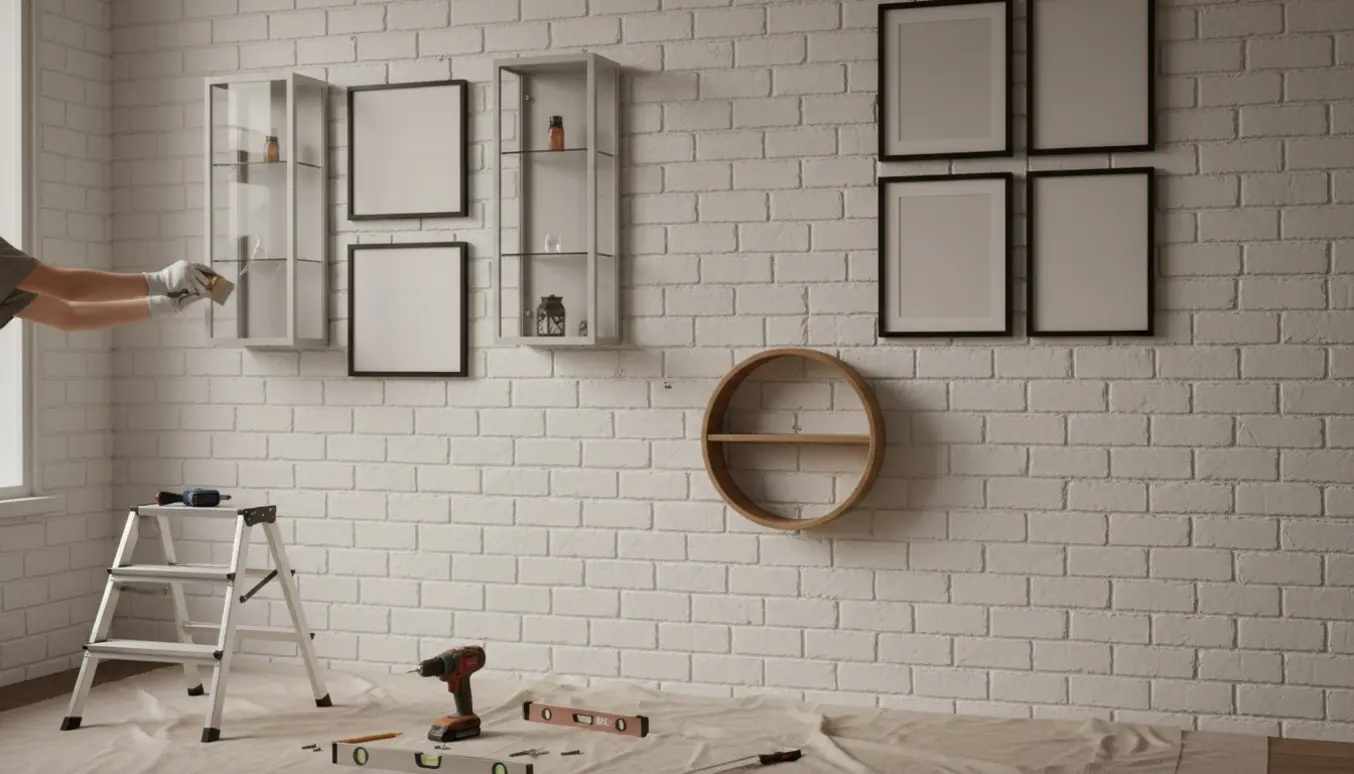 Hænder monterer skab, hylde og billeder på en hvid murstensvæg med boremaskine og spartelmasse.