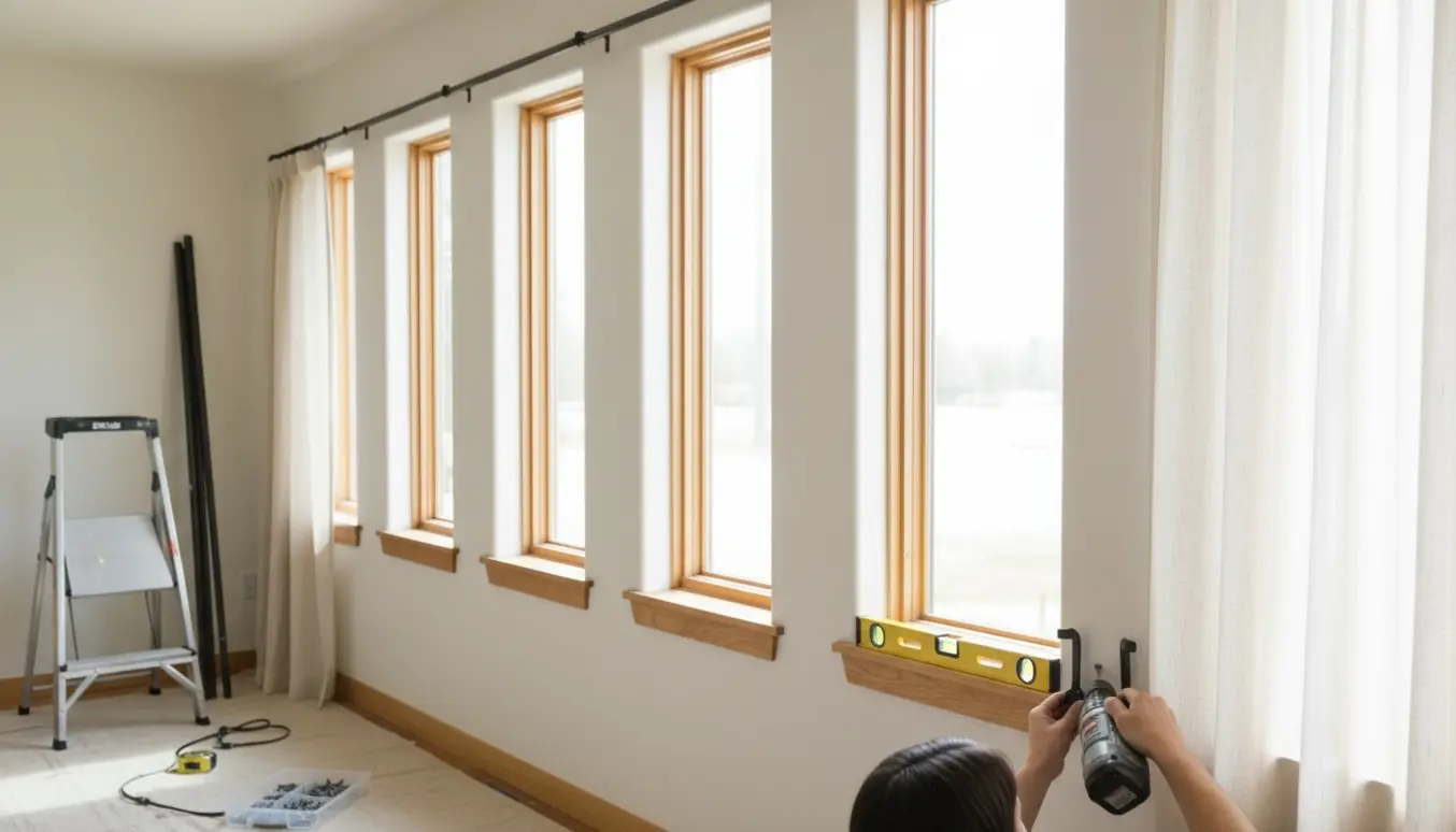 Hænder monterer gardinstænger over fem vinduer i et lyst stueinteriør.