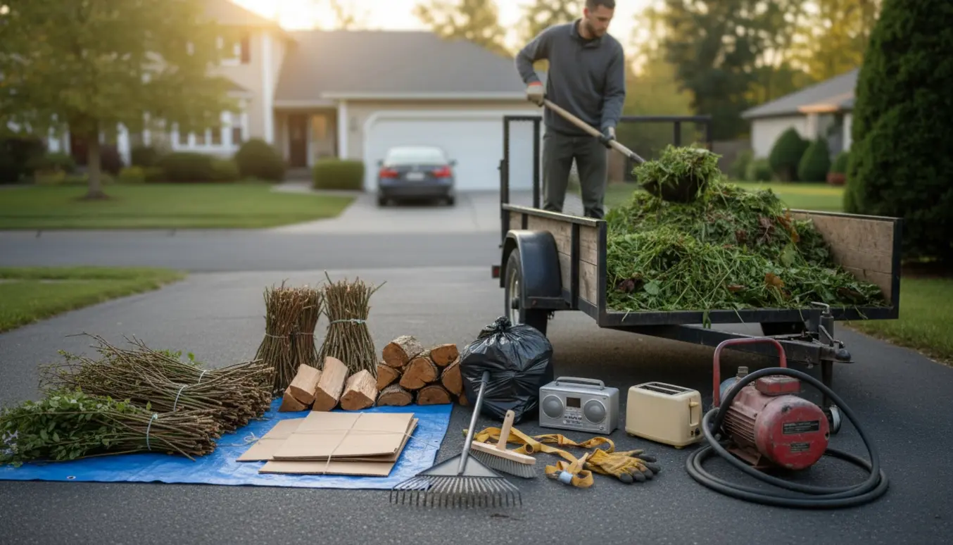 Indkørsel med sorteret affald, stabler træ og elektronik ved en åben trailer, en person skovler haveaffald.