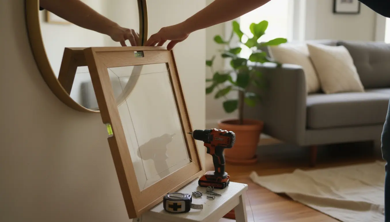 Hænder hænger et spejl og et indrammet billede op på en væg med boremaskine og vaterpas.