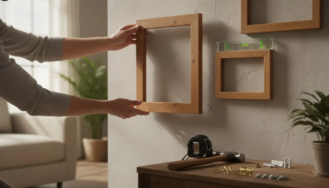 Hænder hænger tre små og én mellemstor billedramme op på en væg med vaterpas og målebånd.