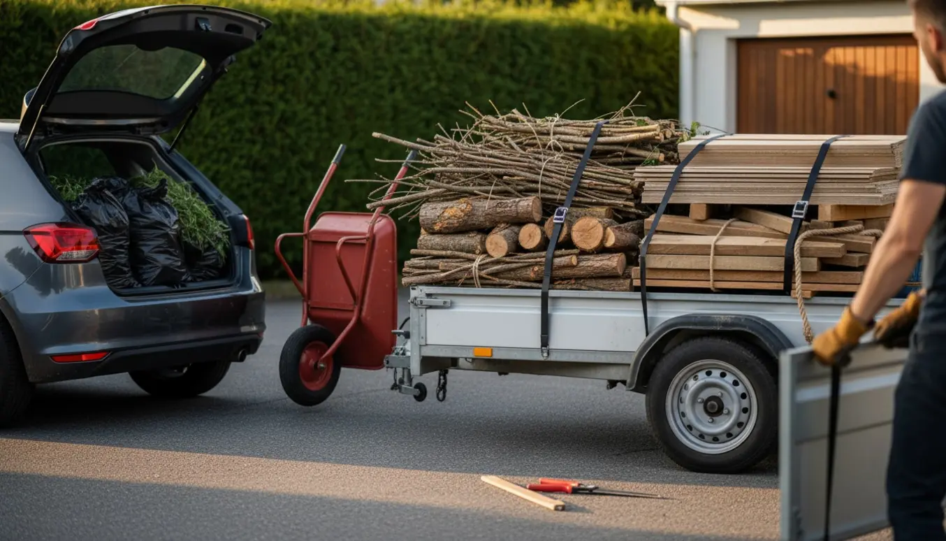 En bil og trailer fyldt med haveaffald og lidt byggematerialer klar til aflevering på genbrugspladsen.