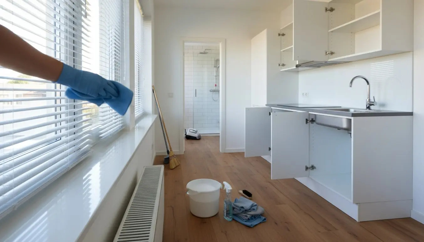 Nymalet, umøbleret lejlighed med rengøringsudstyr og nyvaskede vinduer, persienner og radiator.