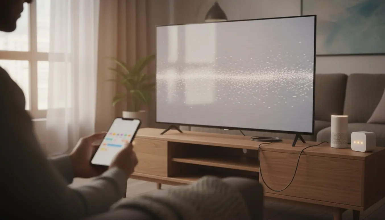 Hænder holder en smartphone foran et smart-tv med en højttaler og router i baggrunden, der antyder ustabil wi‑fi.