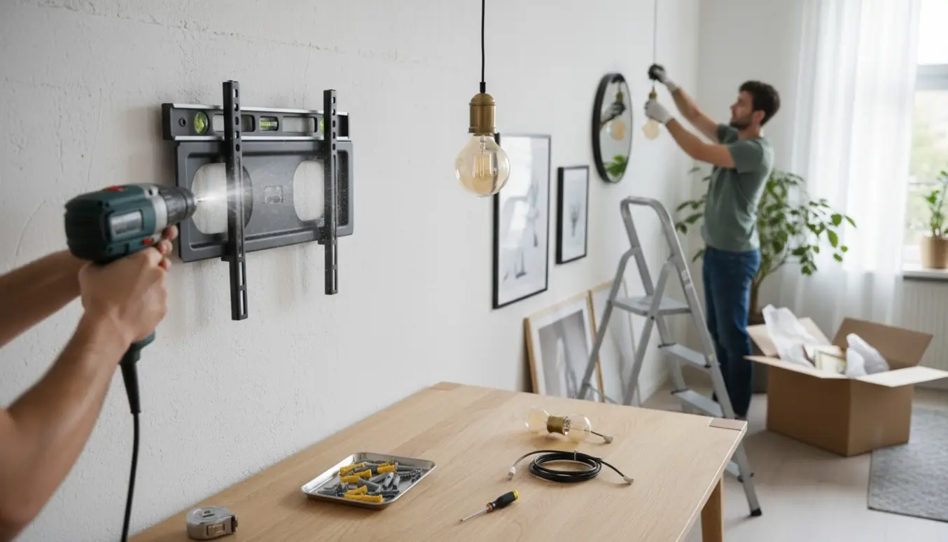 Hænder monterer TV-bracket og lampe i en ny lejlighed med værktøj og billedrammer omkring.