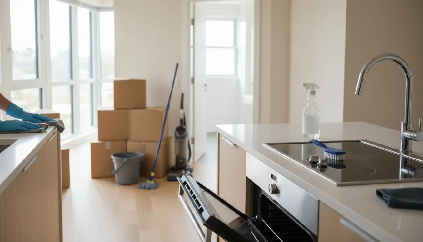 Partielt tømt lejlighed i dagslys med rengøringsredskaber, åbent ovnrum og hænder, der pudser køkkenbord ved fraflytningsrengøring.