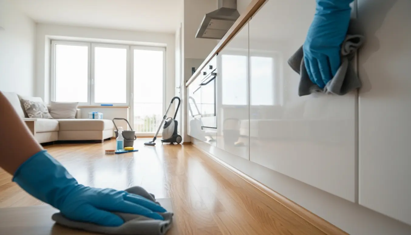 Hænder med gummihandsker tørrer et køkkenskab, med støvsuger, moppe og skinnende brusekabine i baggrunden.