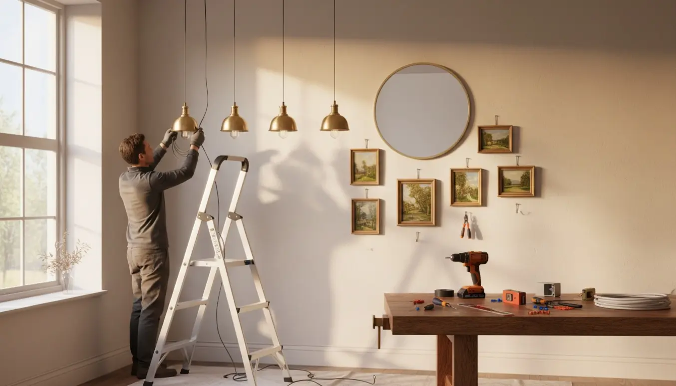 Håndværker forbinder en pendellampe på en stige, mens et spejl og syv små indrammede billeder hænger på væggen.
