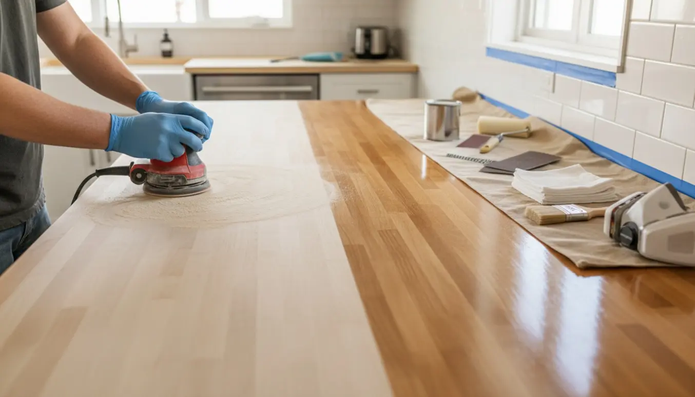 Halvslibet træbordplade ved siden af en nylakeret sektion med slibemaskine, pensel og lakeringsdåse i et lyst køkken.