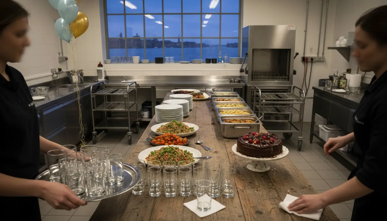 Hænder rydder af og serverer ved buffet i et industrielt køkken til en fødselsdagsfest.