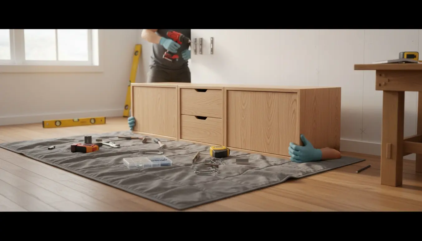 Nedtagning og genopsætning af to vægskabe og en skuffeenhed indendørs med værktøj og beslag klar.