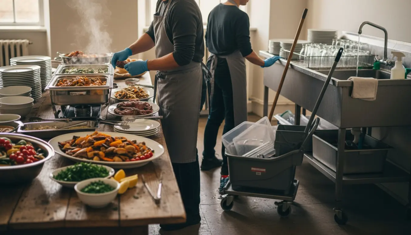To hjælpere anretter buffetmad og rydder op i et festlokale med opvask og rengøringsudstyr.