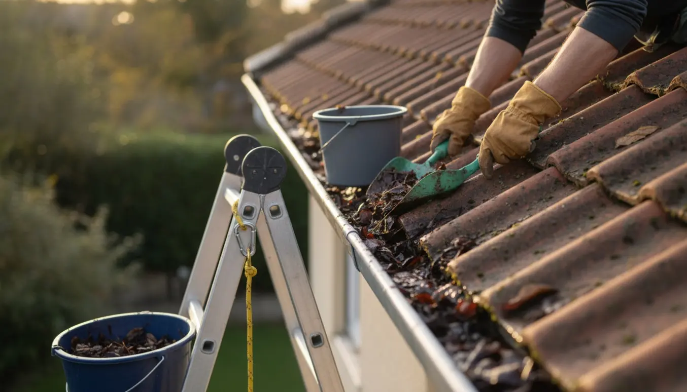 Rensning af ca. 18 m tagrende i 1. sals højde med stige, handske og spand, ansigt ikke synligt.