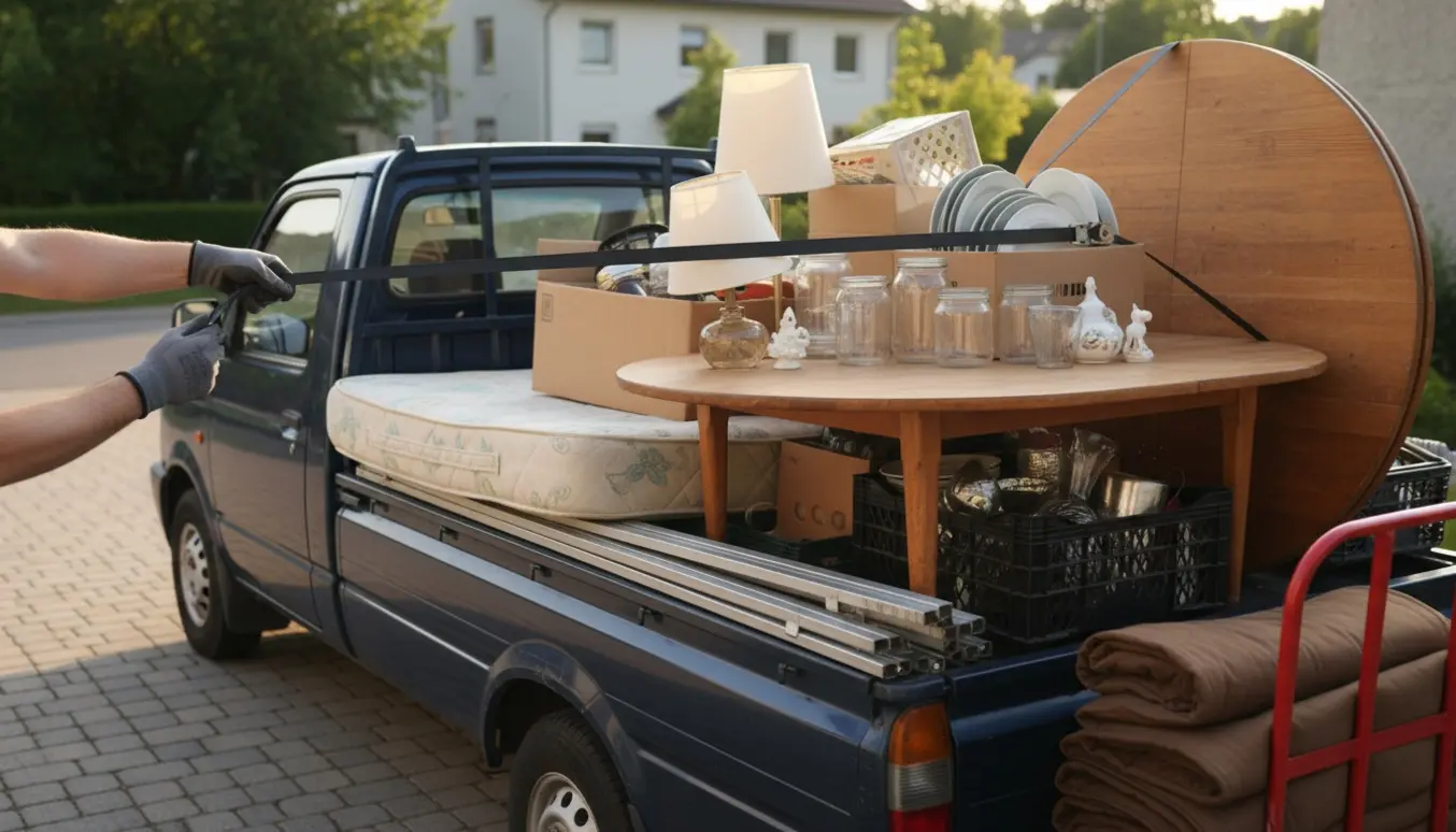 En varebil lastet med en enkeltmandsseng, et rundt bord og flyttekasser klar til genbrug.