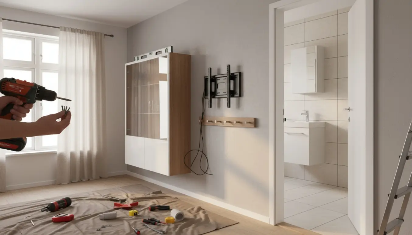 Hænder monterer vitrineskab, tv-brackets, lampe og knagerække i et lyst hjem.