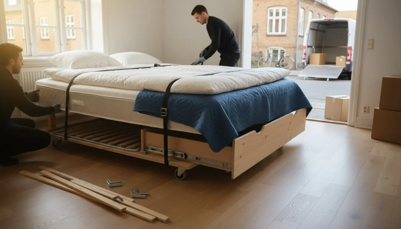 En seng med udtræksseng pakket og klar til flytning ved en åben flyttebil, med flyttekasser og dækkende tæpper omkring.