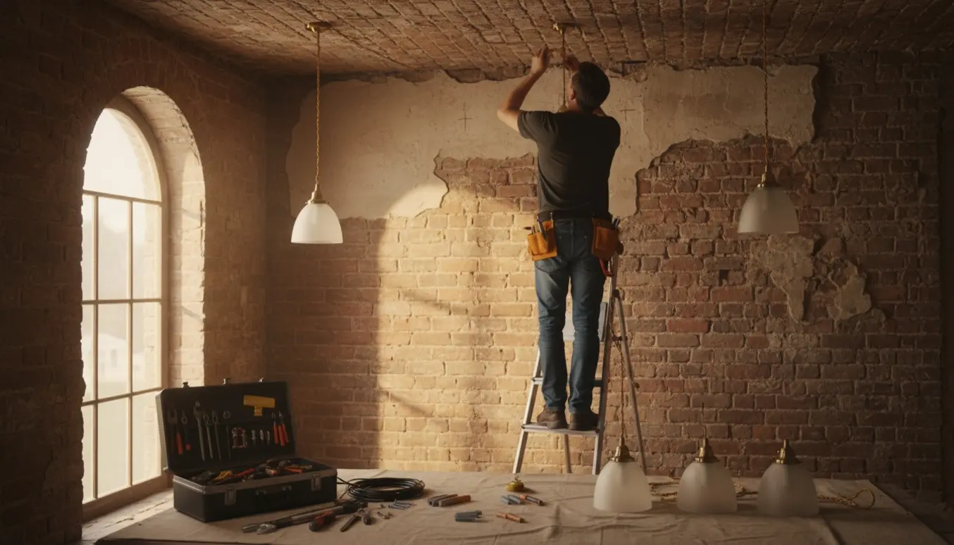 Håndværker opsætter tre loftlamper i et gammelt murstensrum med værktøj og materialer i forgrunden.
