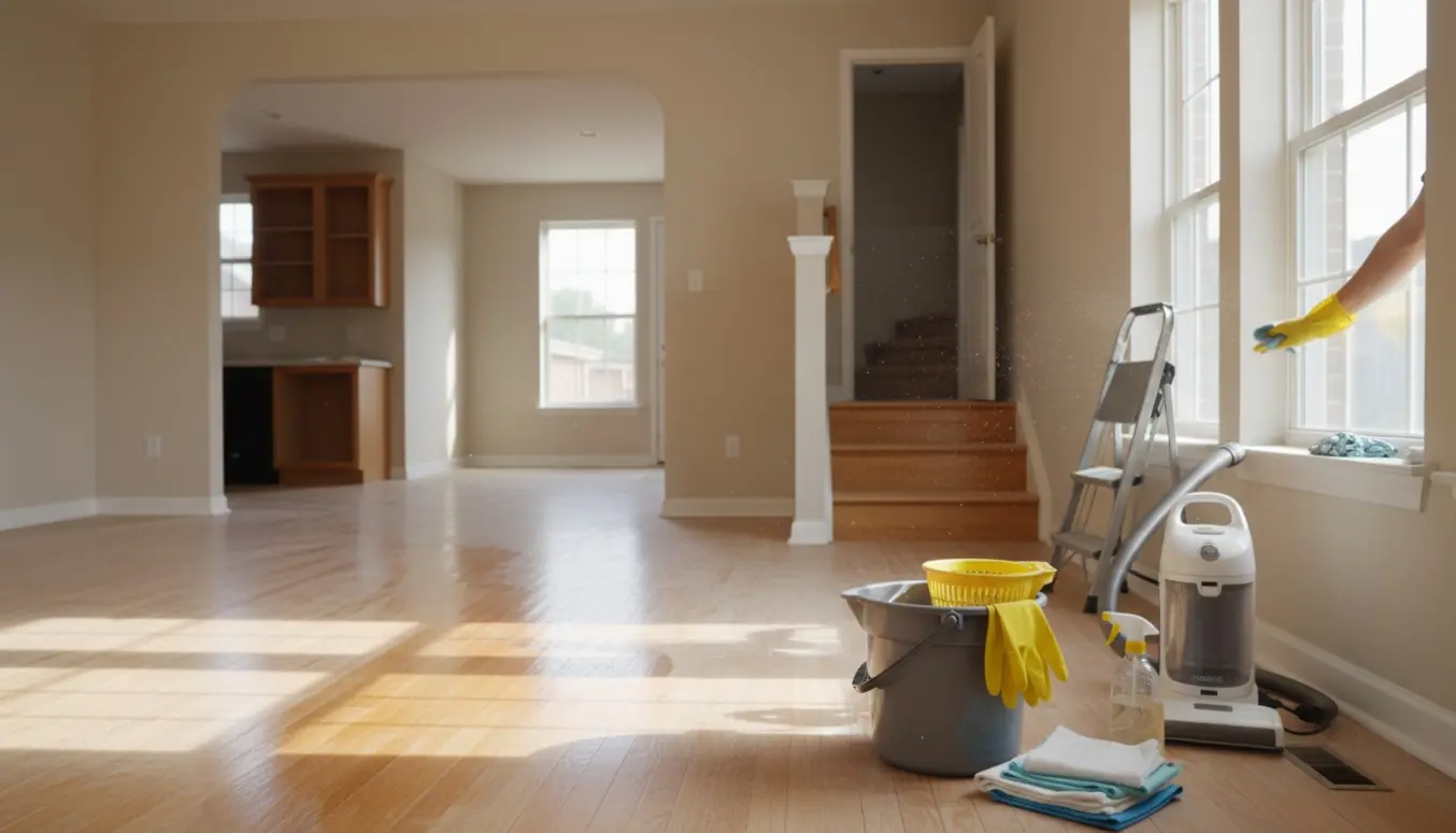 Tomme rum i et nyindflyttet hus med rengøringsudstyr klar ved trappen og køkkenet, mens en handskeholder tørrer en vindueskarm.