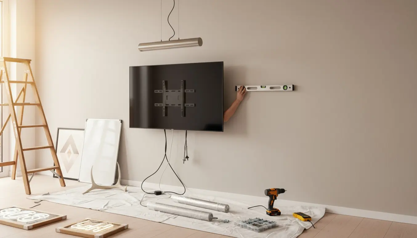 Hænder og værktøj i færd med at montere lamper, billeder, gevir og et fladskærms-tv på en neutral væg.