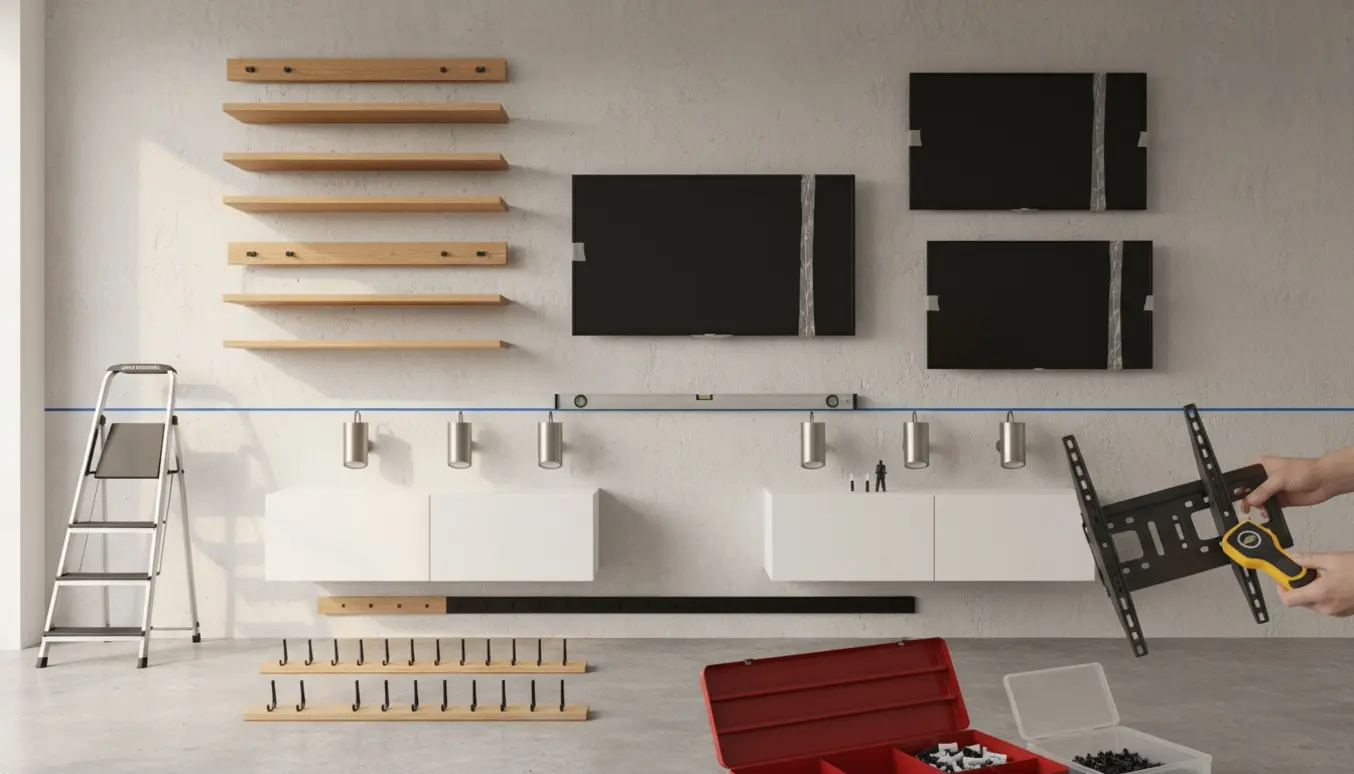 Hylder, tv og lamper klar til montering ved en væg med en værktøjskasse uden skruer.