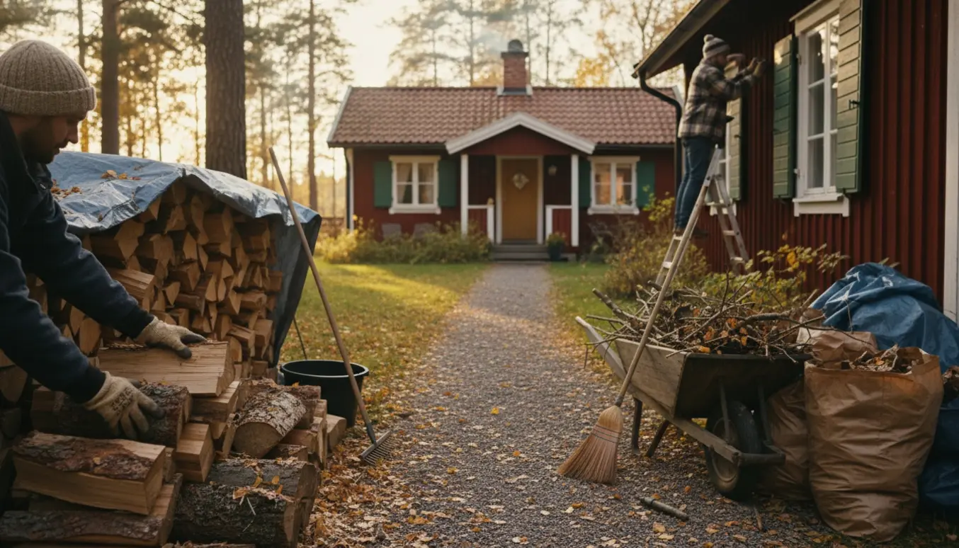 Efterårsrydning ved sommerhus med stablet brænde, afdækkede havemøbler, redskaber og en person set bagfra, der ordner skodder og tagrender.