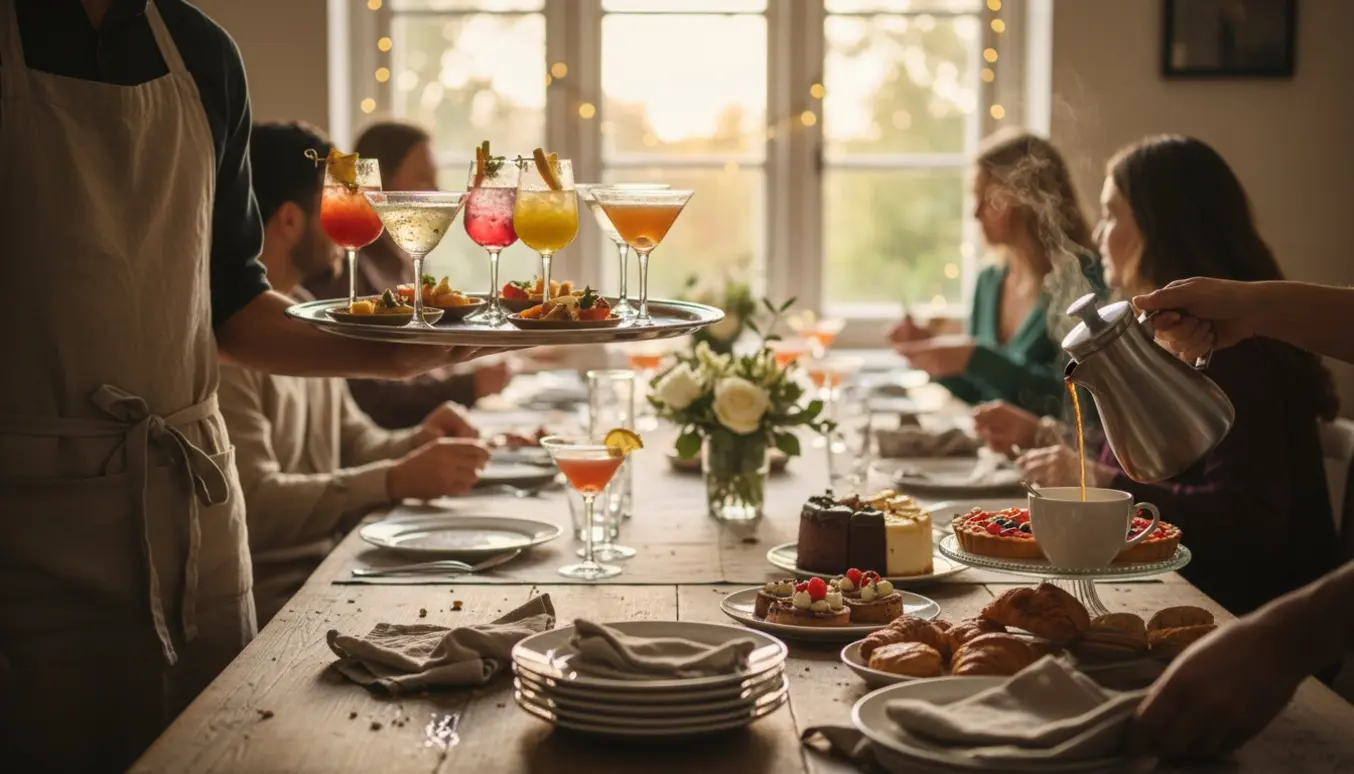 Server bærer drinks på bakke, mens hænder rydder tallerkener og sætter dessert og kaffe frem til en privat fest.