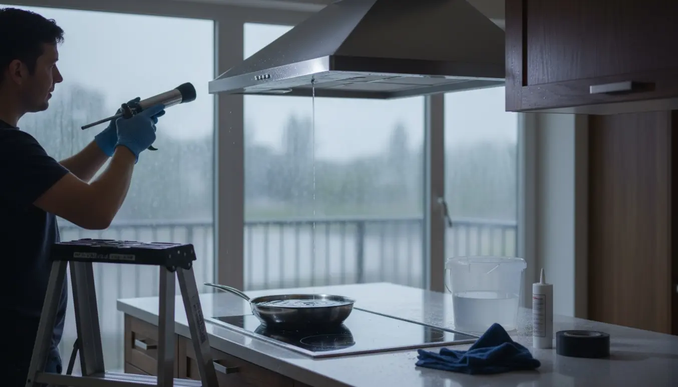 Vand drypper ved emhætten under kraftig regn, en person inspicerer samlingen med værktøj klar.