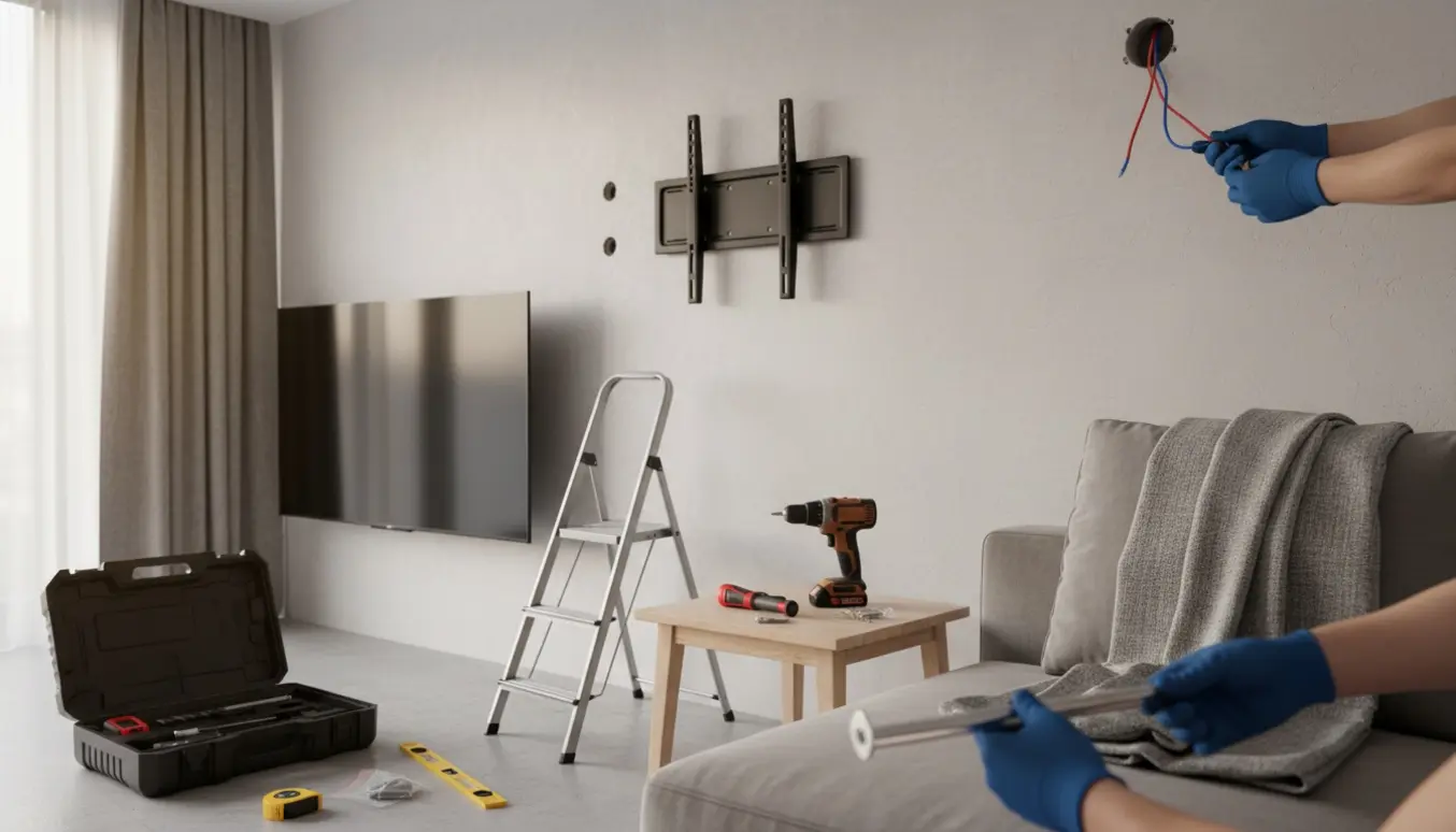 Stue med delvist monteret TV-vægbeslag, fritlagte rød og blå lampeledninger, gardiner og værktøj klar.