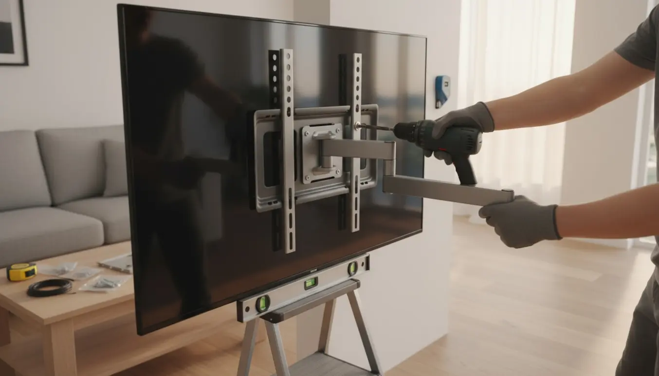 En tekniker monterer et 55 tommer fladskærms-tv på en stuevæg med skruemaskine og værktøj.
