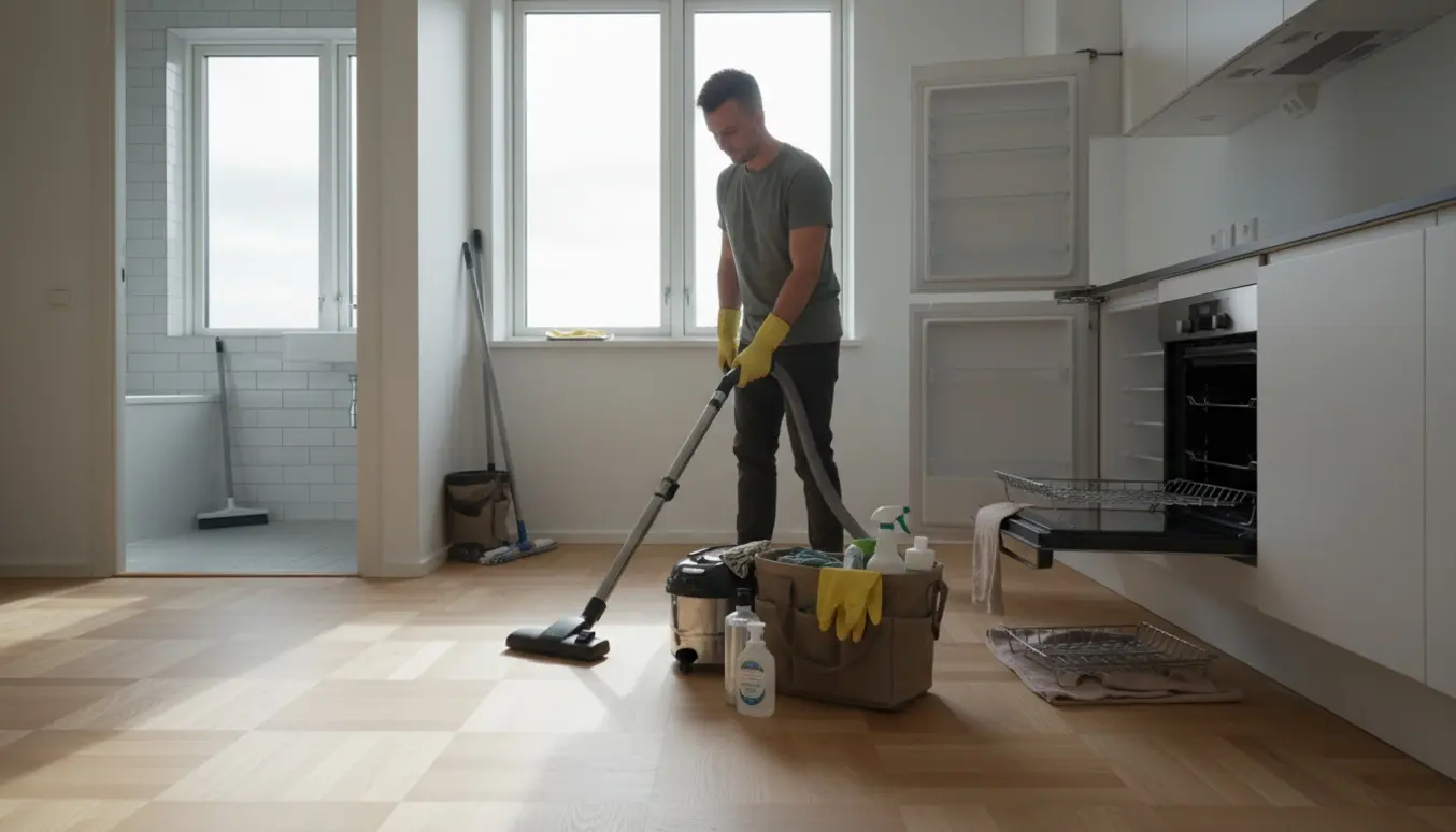 Tom 75 kvm lejlighed på Østerbro under rengøring med støvsuger, moppe og rengøringskasse.