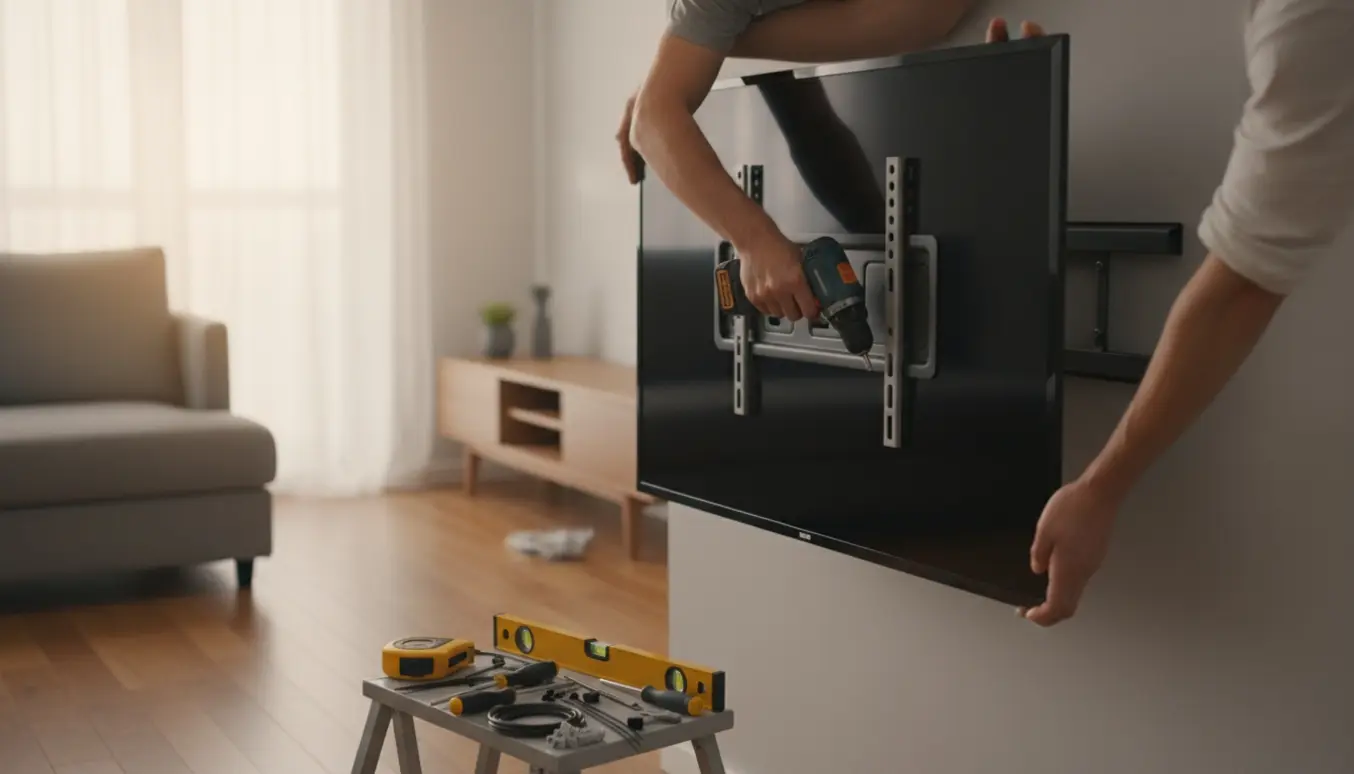 Hænder monterer et fladskærms-tv på en væg med værktøj og en stige i en lys, moderne stue.