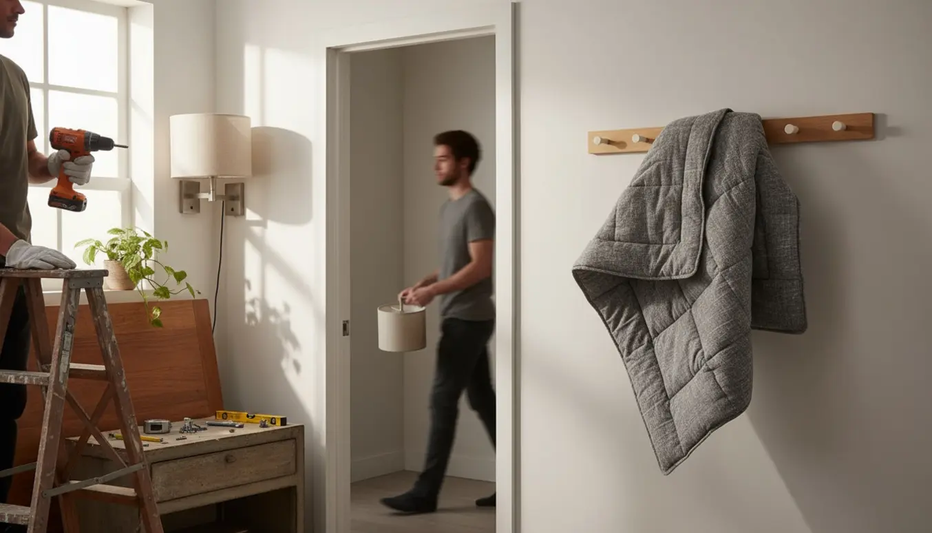 Hænder monterer en ny væglampe, en anden lampe bæres gennem døren, og et quiltet vægtæppe hænges op i et lyst soveværelse.