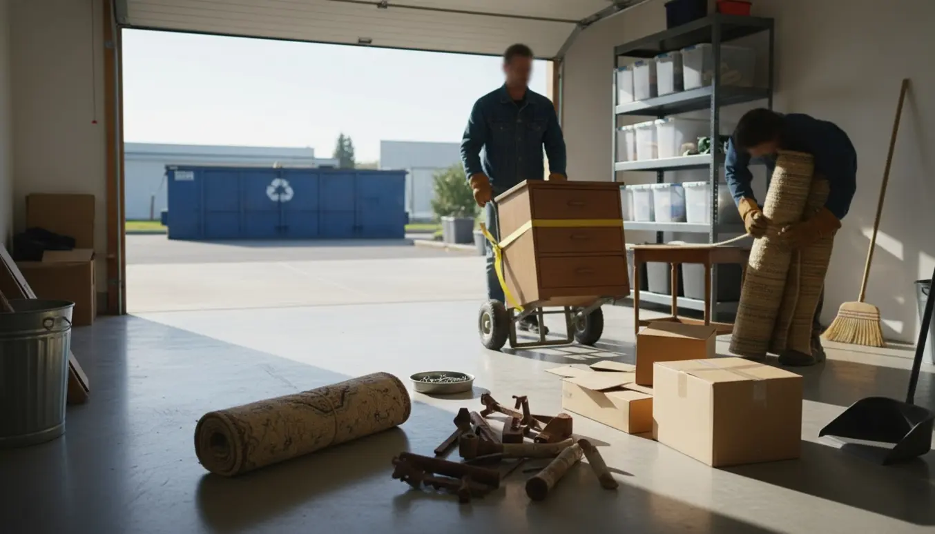 Åben garage hvor handskerklædte hænder laster møbler, metal, pap og rullede gulvtæpper.