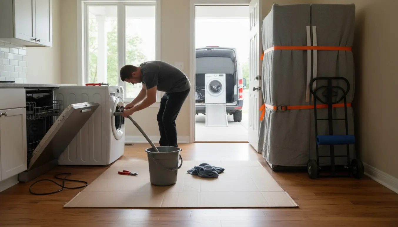 Tekniker afkobler vaskemaskine og opvaskemaskine i køkkenet, mens et køleskab er pakket og klar til afhentning.